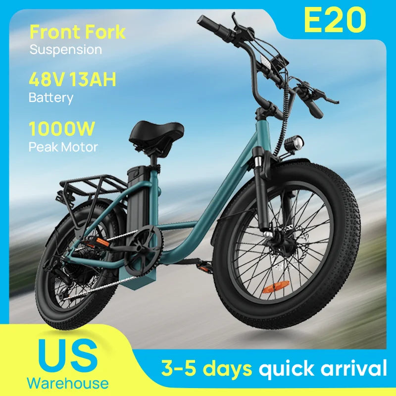 URLIFE 750W E20 Electric Bike | 48V 13Ah Removable Battery, 20MPH, 20''X3" Fat Tire, 7-Speed E-Bike with Dual Disc Brake