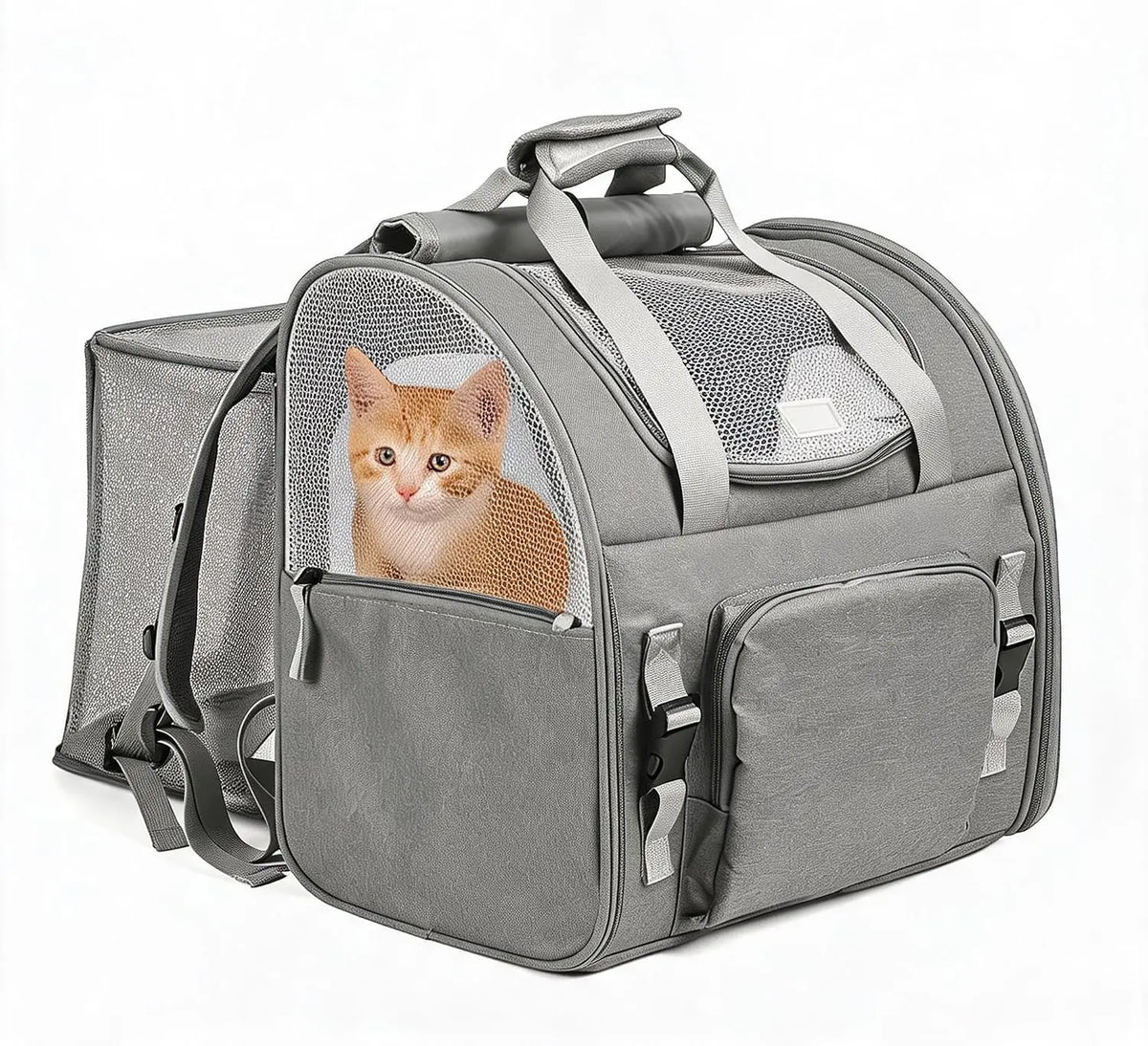 Expandable Cat Carrier Mesh Backpack With Expandable Mesh Side Padded Shoulder Straps Breathable Nylon Travel Backpack For Small Dogs And Medium Cats