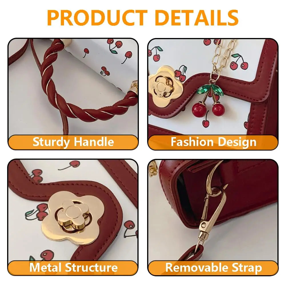 Women Cherry Print Twist Handle Crossbody Handbag With Removable Strap
