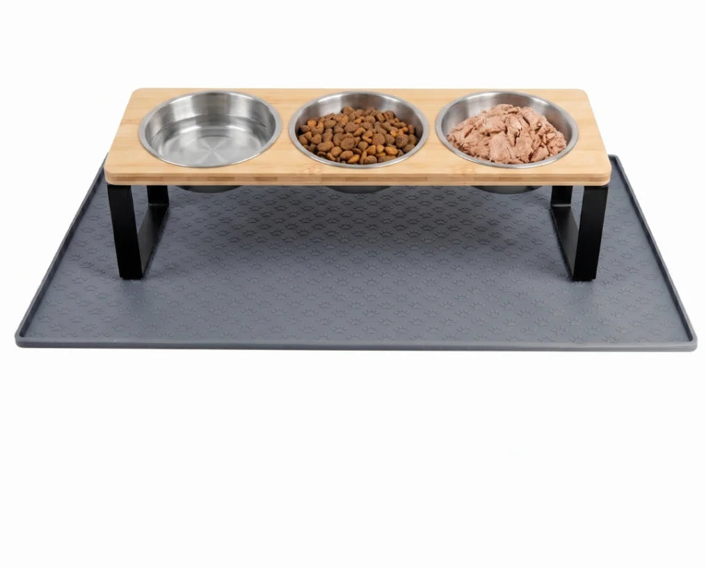 Elevated Bamboo Cat Feeder With Stainless Steel Bowls And Anti-Slip Mat