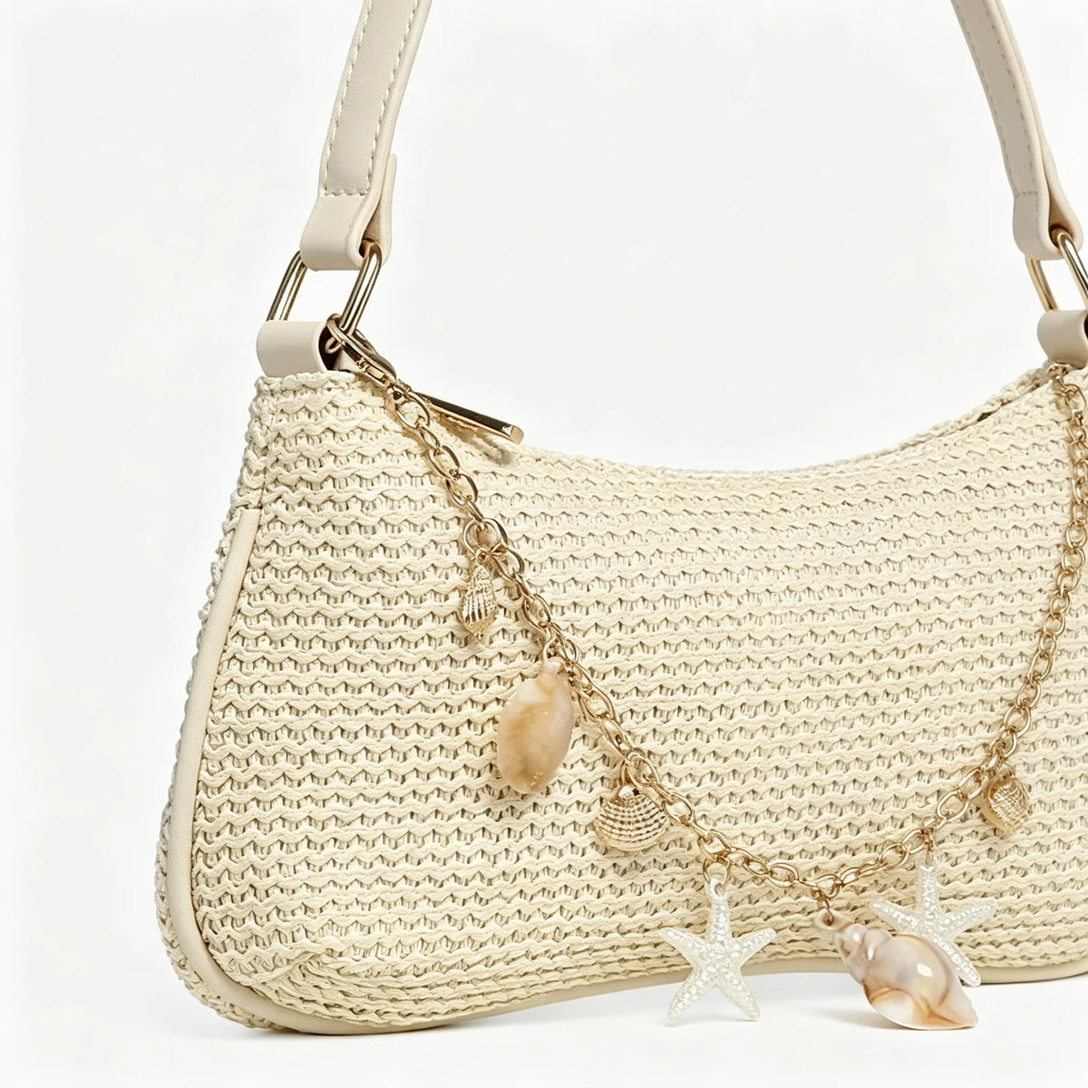 Women's Woven Straw Shoulder Bag With Starfish Shell Pendant