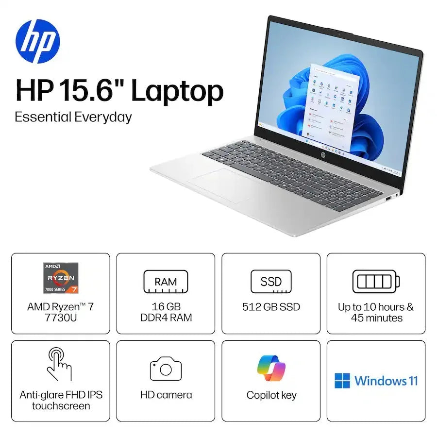 Hp 15.6" Full Hd Touchscreen Laptop, Amd Ryzen 7 7730U, up to 64Gb Ddr4 Ram, 2Tb Ssd, Wi-Fi 6, Windows 11 Home, Natural Silver