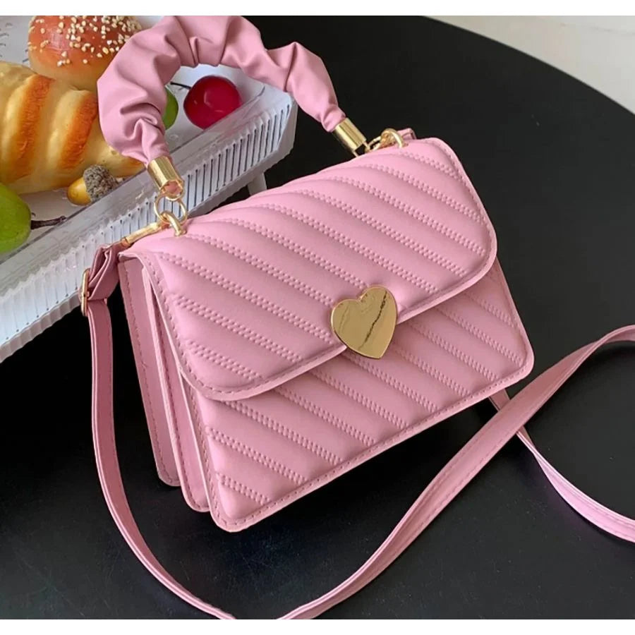 Quilted Crossbody Purse With Heart Lock And Ruched Handle