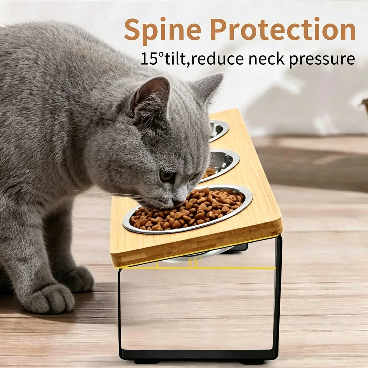 Elevated Bamboo Cat Feeder With Stainless Steel Bowls And Anti-Slip Mat