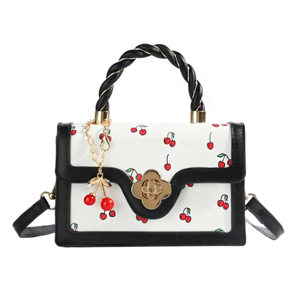 Women Cherry Print Twist Handle Crossbody Handbag With Removable Strap