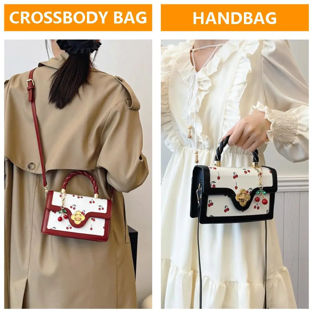 Women Cherry Print Twist Handle Crossbody Handbag With Removable Strap